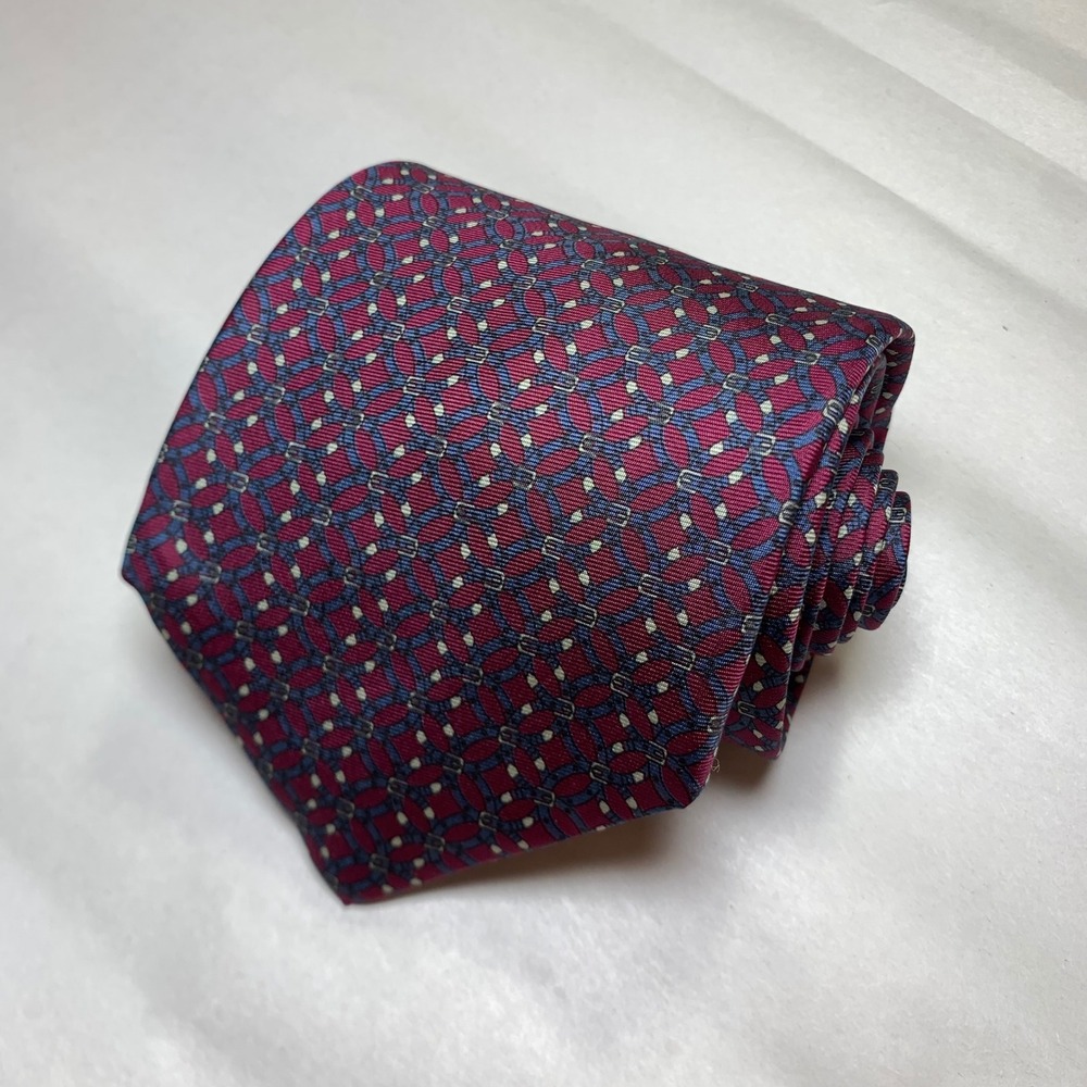Brookville Collection Mens Silk Tie Burgundy Blue Geometric Interlocking Pattern